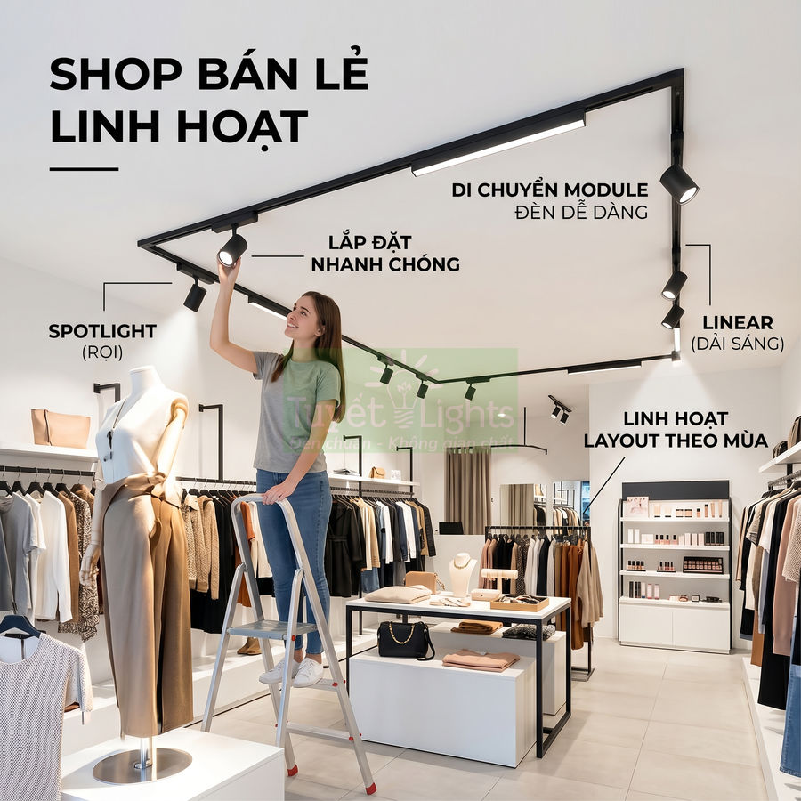 Đèn ray nam châm chiếu sáng shop quần áo, nhân viên đứng thang điều chỉnh spotlight và linear linh hoạt