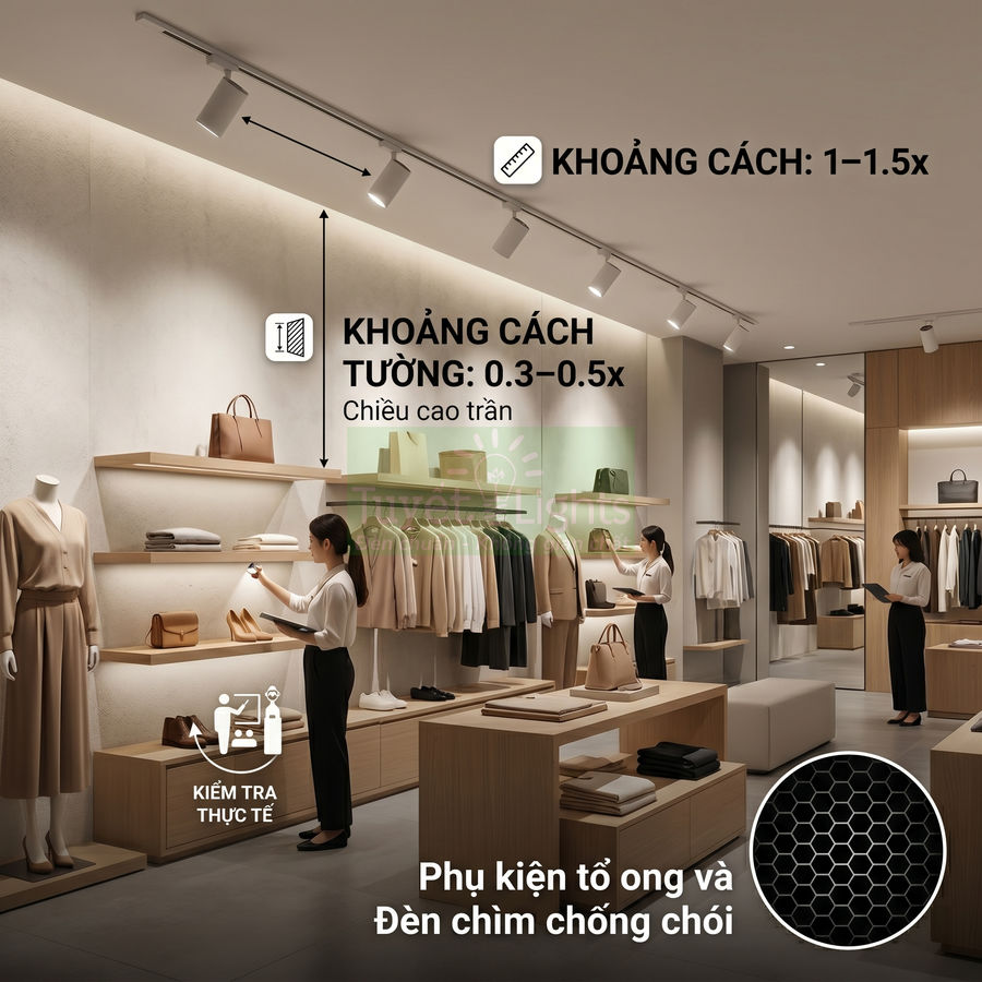 Đèn rọi ray trần chiếu sáng cửa hàng thời trang với phụ kiện tổ ong chống chói