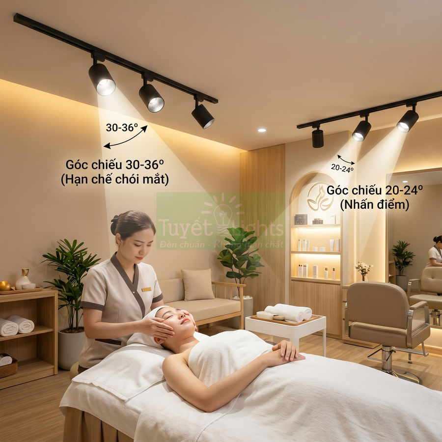 Đèn rọi ray Tuyết Lights chiếu sáng phòng spa, tạo ánh sáng ấm áp cho giường massage và khu vực chăm sóc da