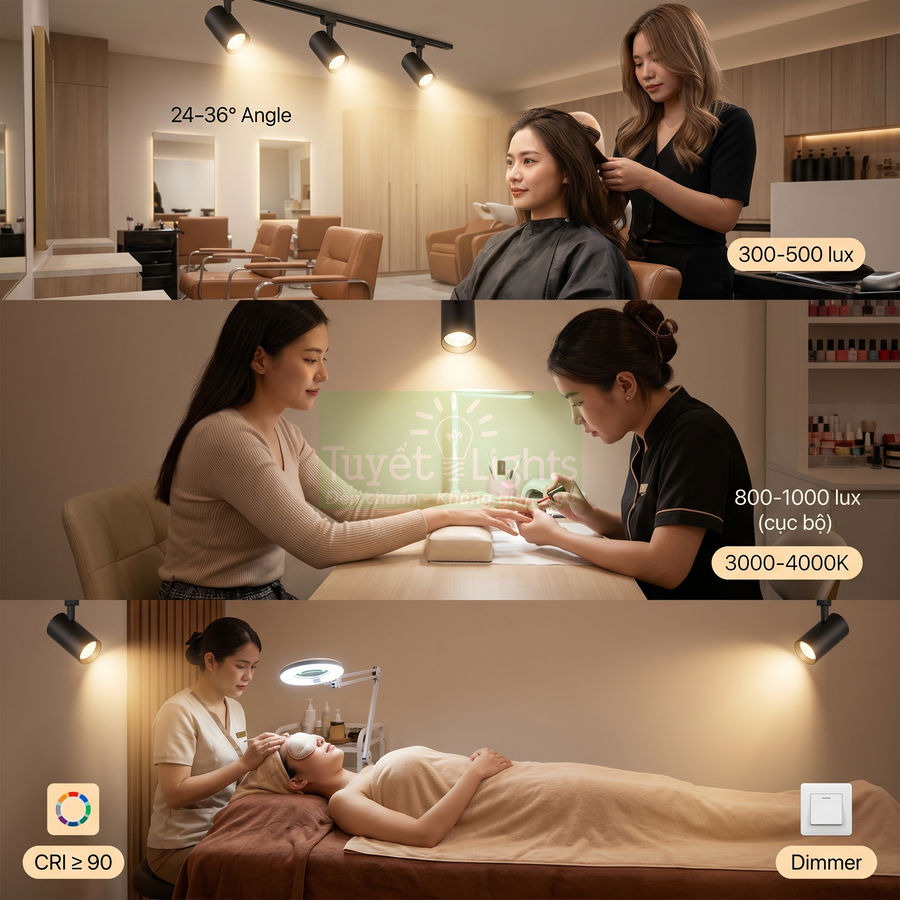 Đèn rọi ray Tuyết Lights chiếu sáng salon tóc, tiệm nail và spa với ánh sáng vàng dịu CRI cao