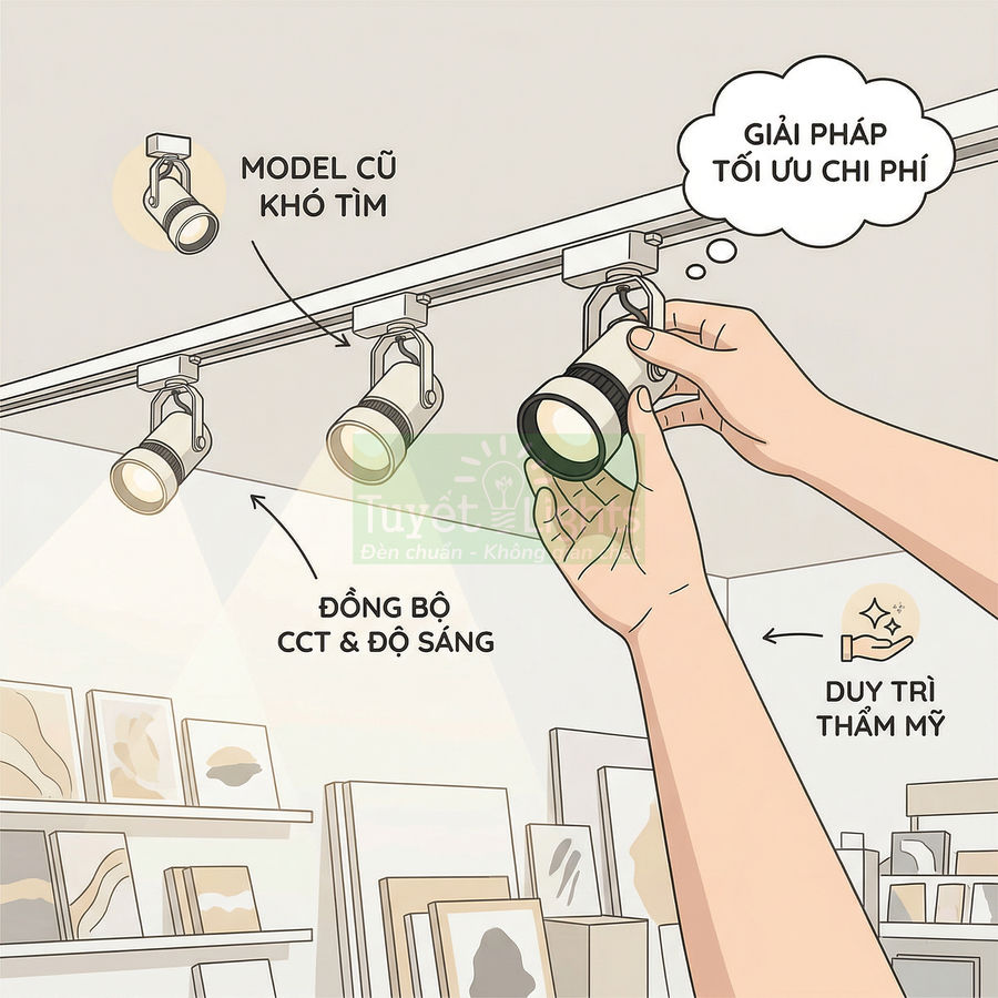 Thay bóng đèn rọi ray LED trong cửa hàng tranh, đồng bộ màu sáng và tối ưu chi phí, giữ thẩm mỹ trần nhà