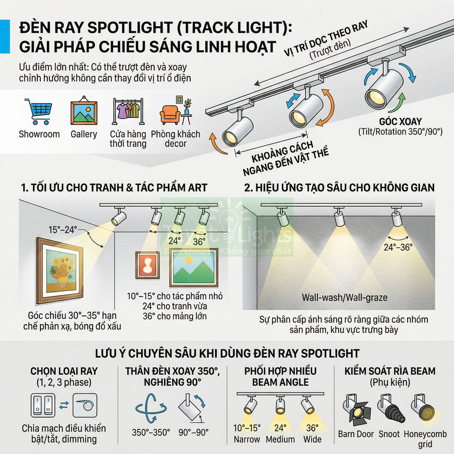 Đèn ray spotlight chiếu sáng linh hoạt cho tranh, tác phẩm nghệ thuật và không gian trưng bày