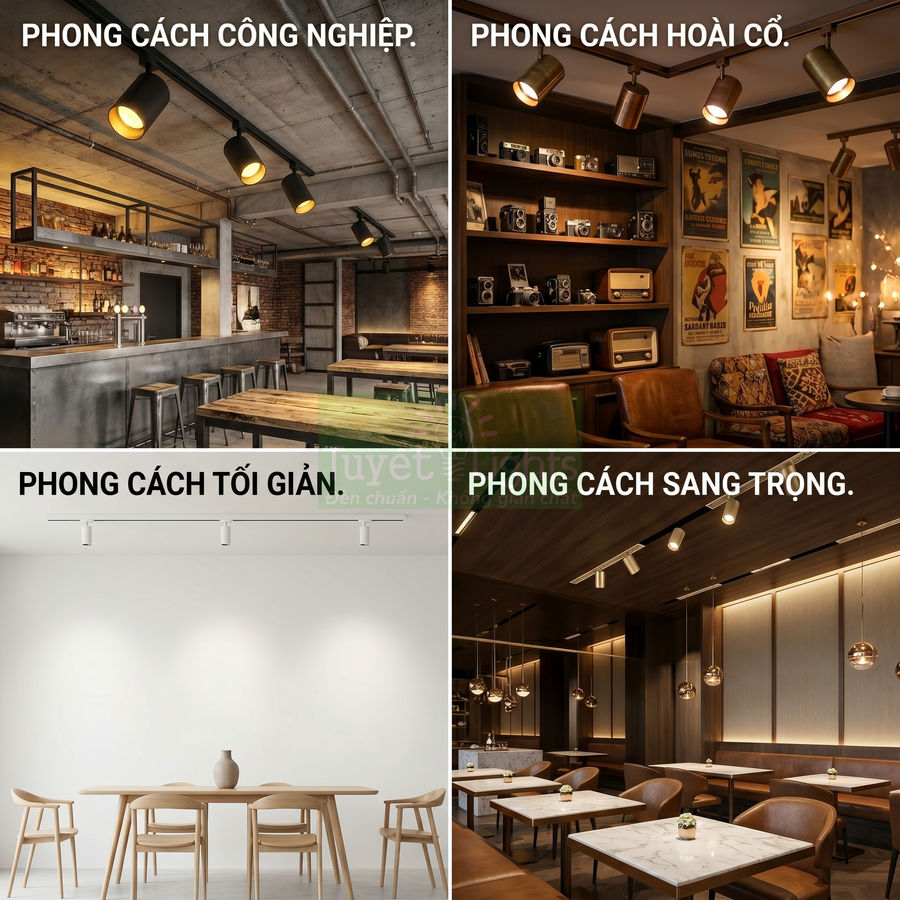 Đèn rọi ray chiếu sáng nội thất với bốn phong cách công nghiệp, hoài cổ, tối giản và sang trọng