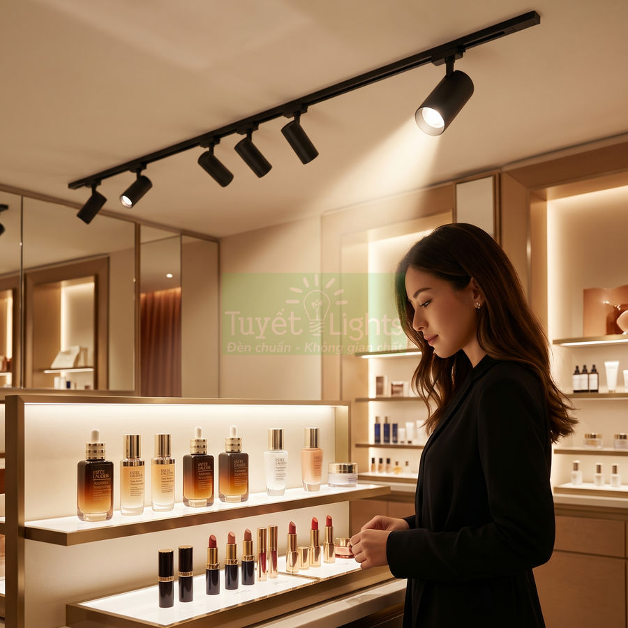 Đèn rọi ray Tuyết Lights chiếu sáng quầy trưng bày mỹ phẩm cao cấp trong cửa hàng