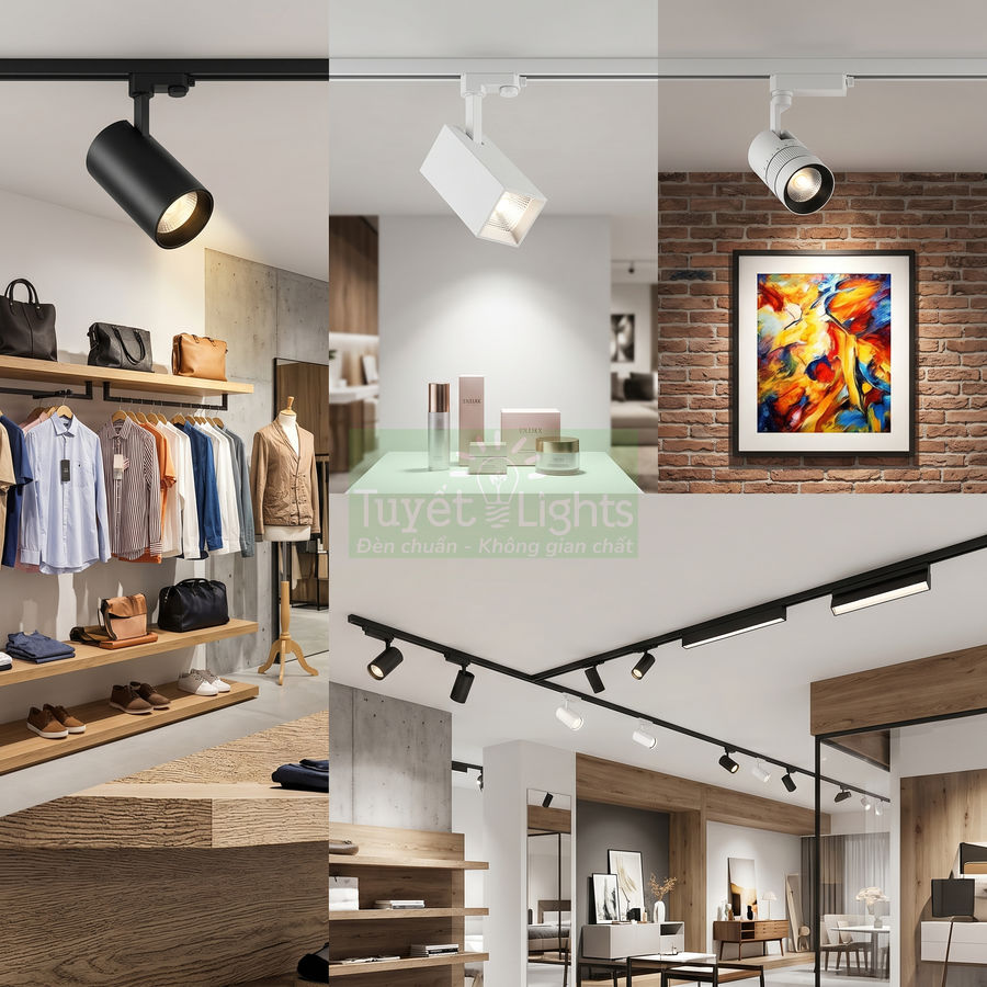 Đèn rọi ray Tuyết Lights chiếu sáng cửa hàng thời trang và không gian trưng bày hiện đại