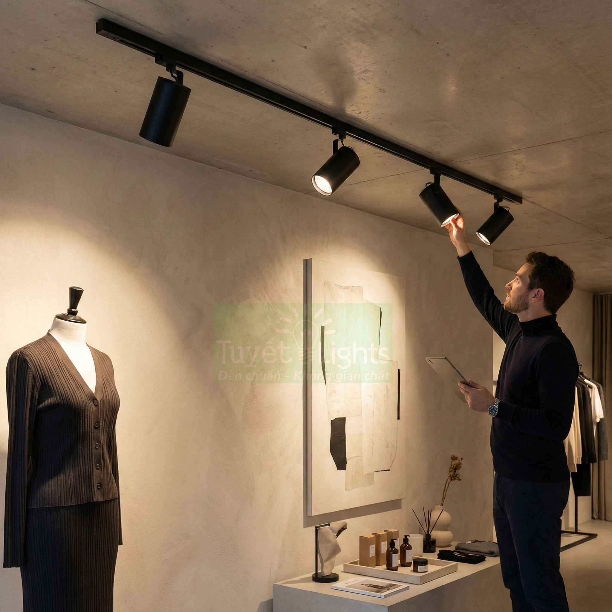 Đèn rọi ray LED màu đen chiếu sáng không gian trưng bày thời trang trong cửa hàng hiện đại