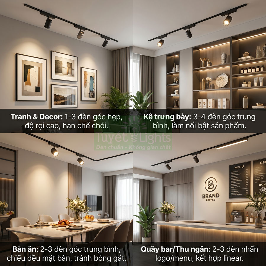Đèn rọi ray đen chiếu sáng tranh treo tường, kệ trưng bày, bàn ăn và quầy bar trong không gian hiện đại