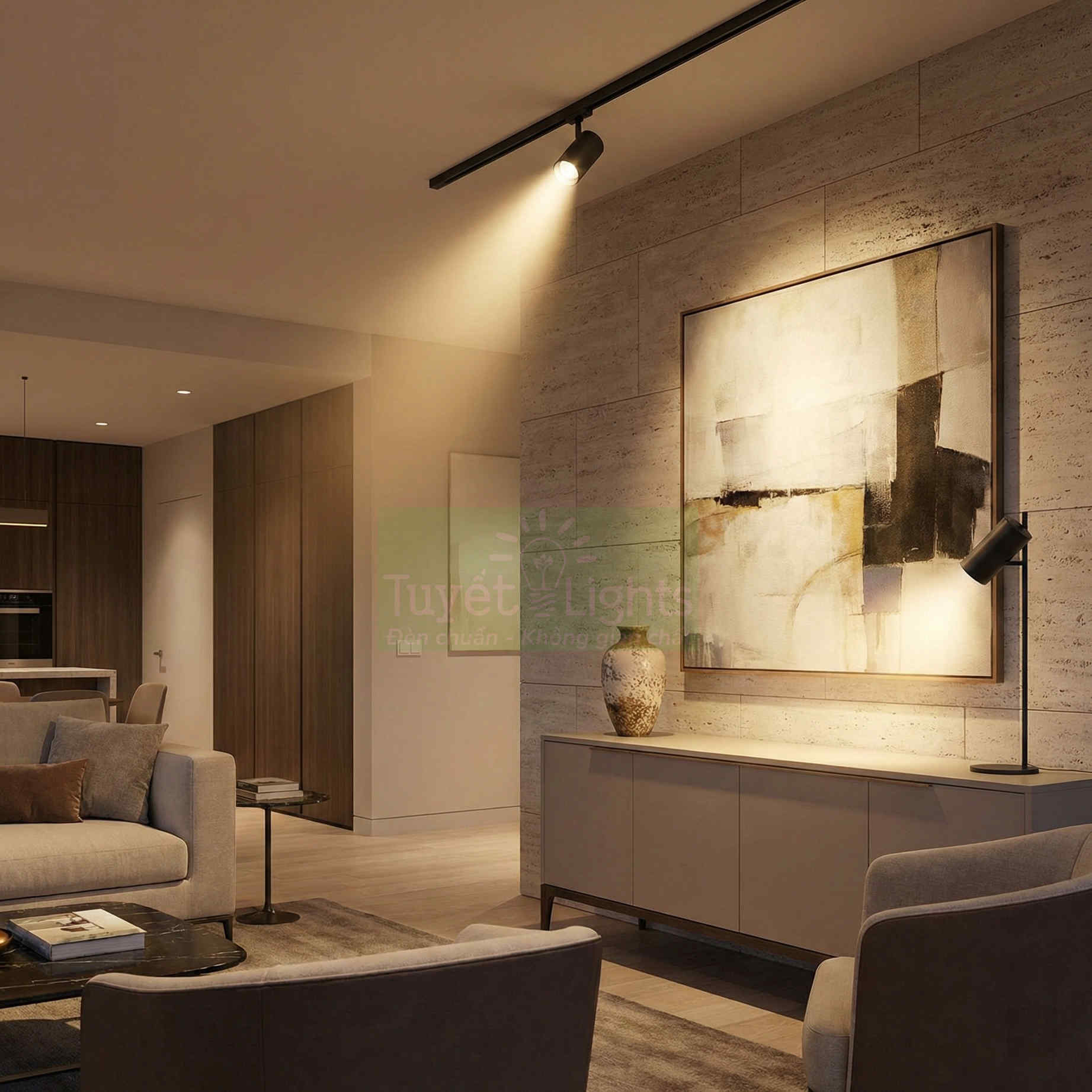 Đèn rọi ray LED chiếu tranh trang trí phòng khách hiện đại, ánh sáng vàng ấm tạo điểm nhấn nội thất