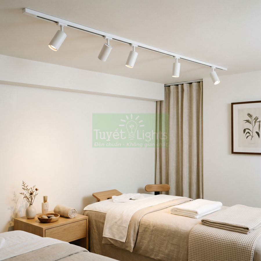 Đèn rọi ray trắng Tuyết Lights chiếu sáng phòng spa với hai giường massage tông màu be