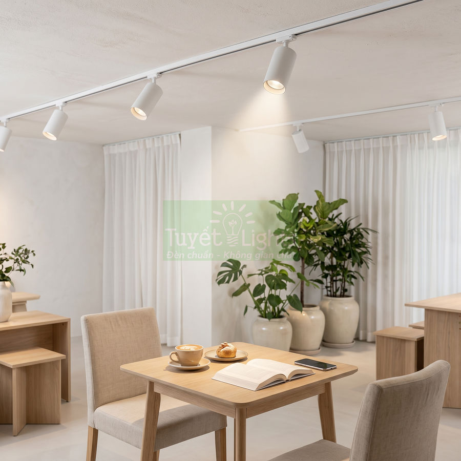 Đèn rọi ray trắng Tuyết Lights chiếu sáng phòng khách tối giản với bàn ghế gỗ và cây xanh