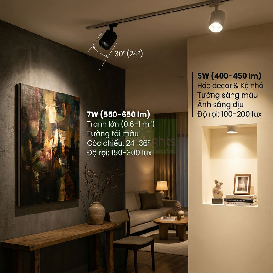 Đèn rọi ray LED 5W và 7W chiếu tranh và hốc decor trong phòng khách hiện đại, ánh sáng vàng ấm