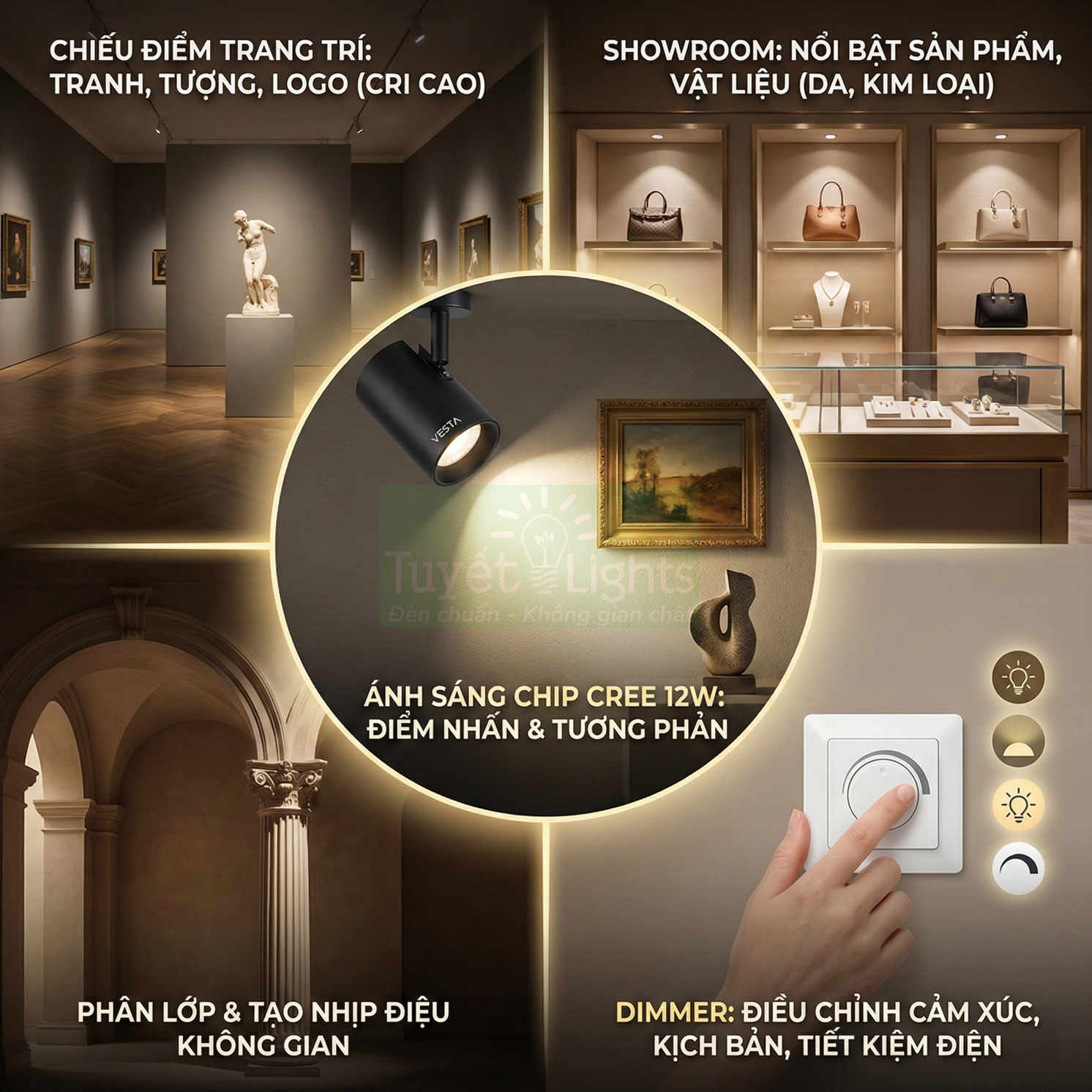 Đèn rọi ray Vesta chip Cree 12W chiếu điểm trang trí tranh tượng và sản phẩm trưng bày showroom