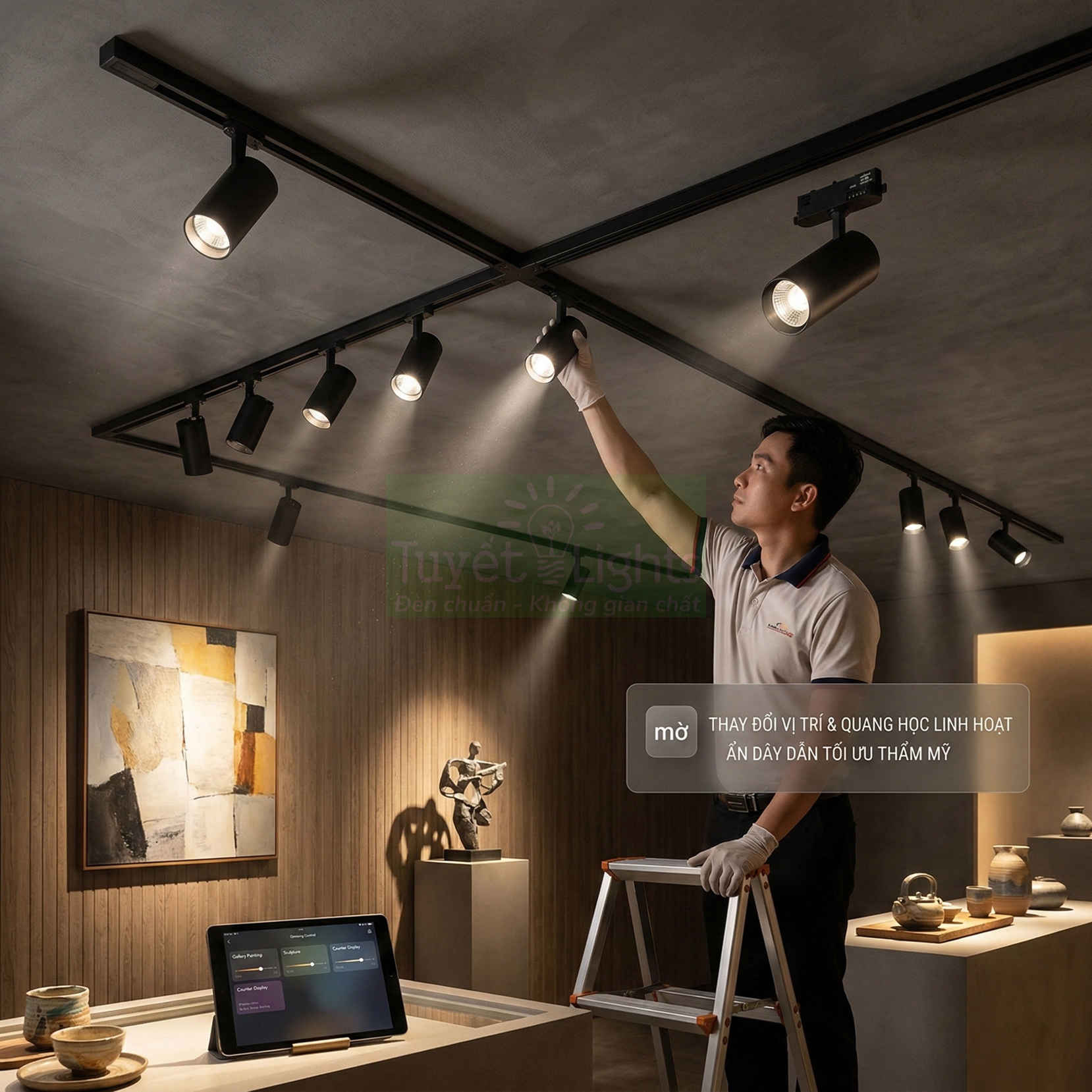 Nhân viên kỹ thuật điều chỉnh hệ thống đèn rọi ray LED chiếu sáng trưng bày trong phòng triển lãm