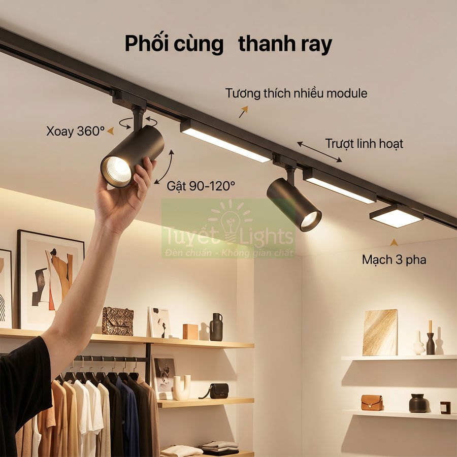 Đèn rọi ray Tuyết Lights xoay 360 độ chiếu sáng cửa hàng quần áo hiện đại