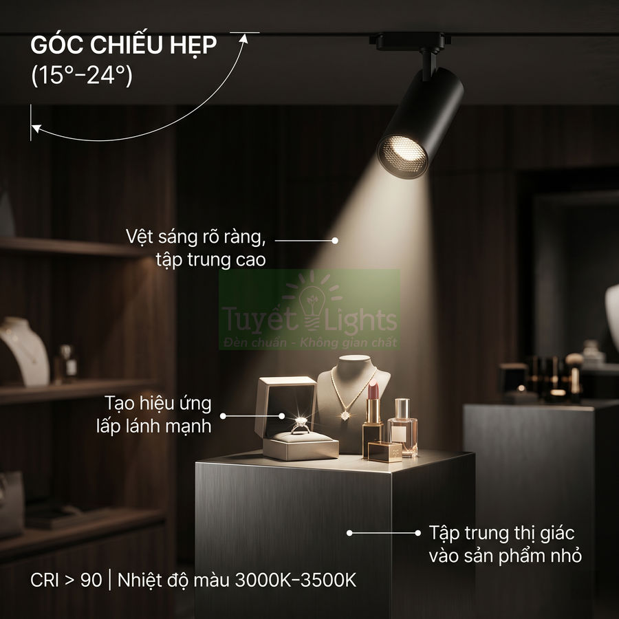 Đèn rọi ray LED góc chiếu hẹp chiếu sáng trưng bày trang sức và mỹ phẩm trong tủ trưng bày cao cấp
