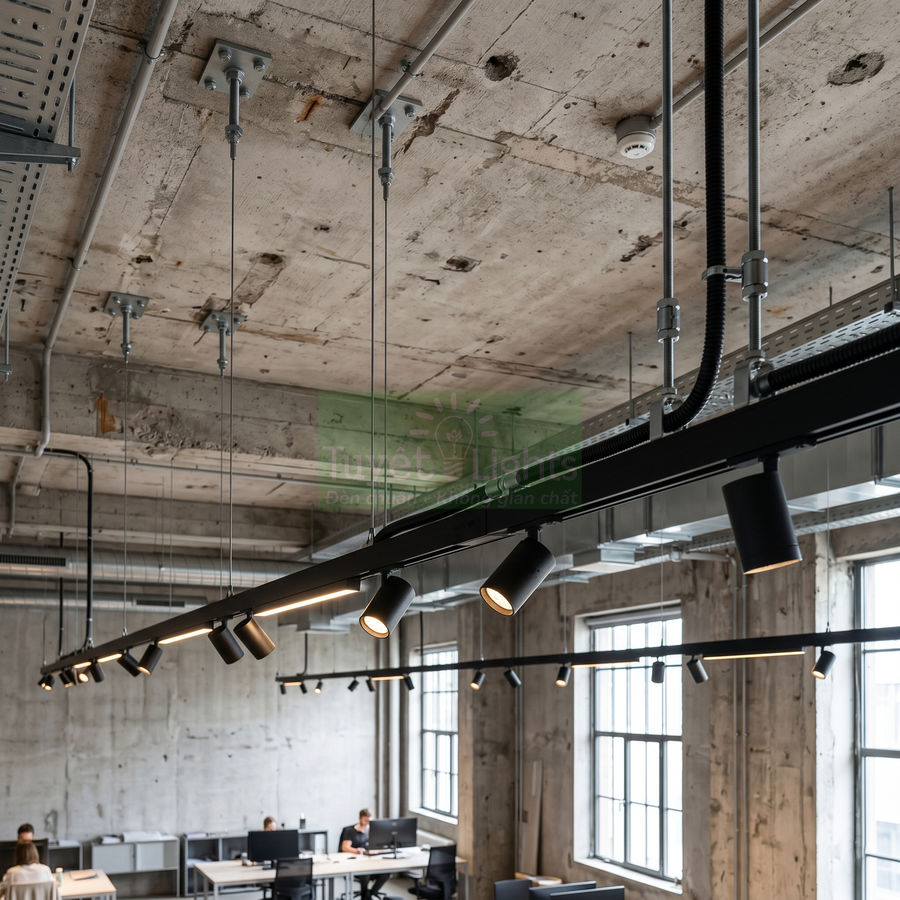 Đèn rọi ray LED màu đen lắp trần bê tông trong văn phòng phong cách công nghiệp