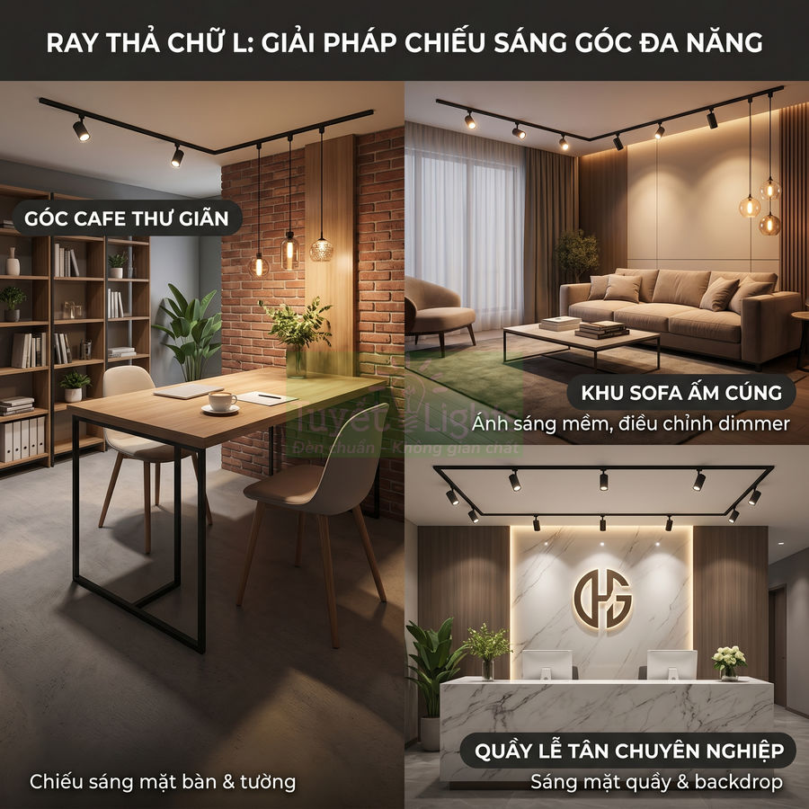 Đèn ray thả chữ L chiếu sáng góc cafe, phòng khách và quầy lễ tân hiện đại, ánh sáng ấm điều chỉnh được