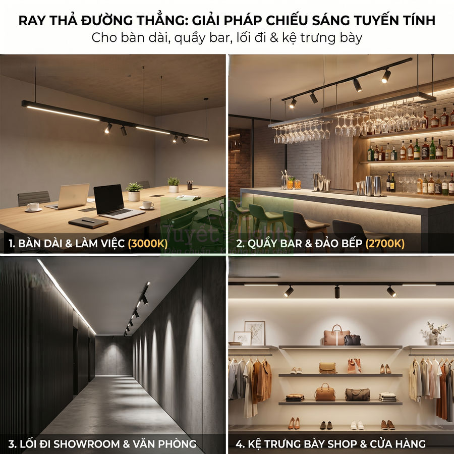 Đèn ray thả đường thẳng chiếu sáng bàn làm việc, quầy bar, lối đi showroom và kệ trưng bày cửa hàng