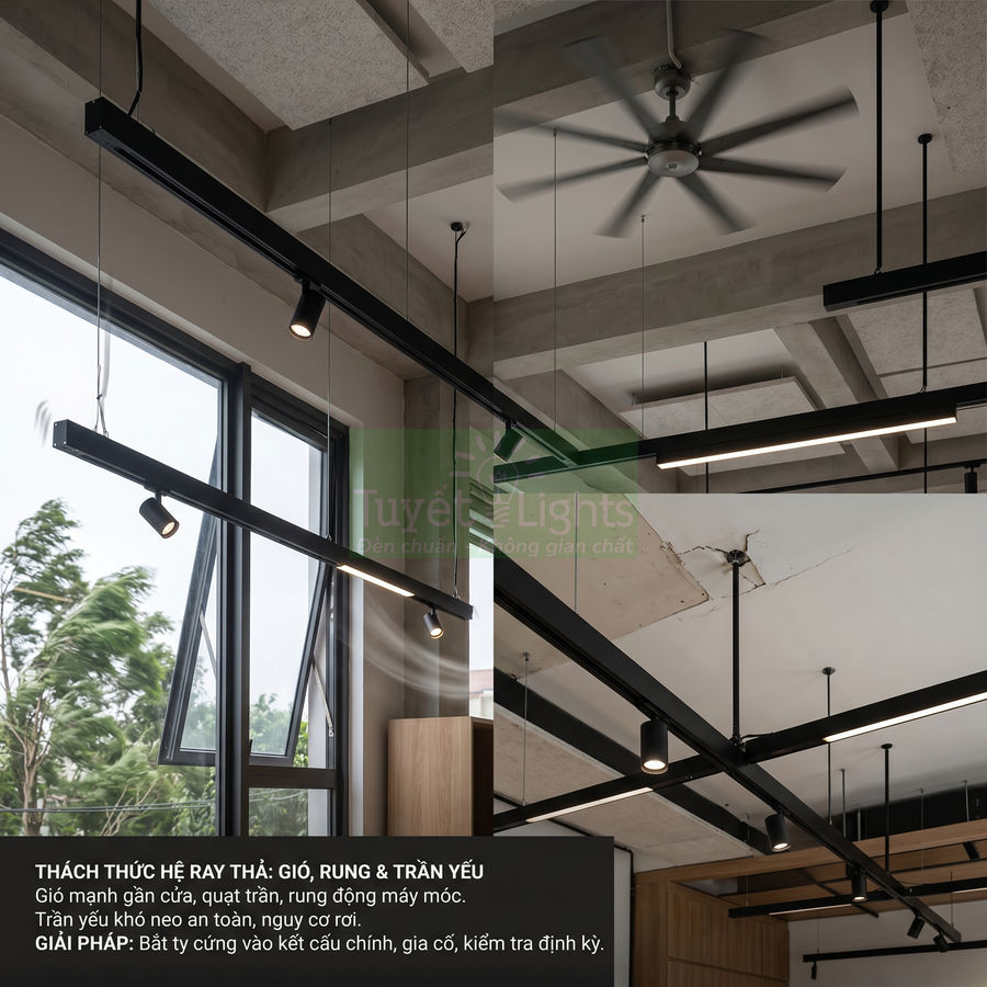 Đèn ray nam châm Tuyết Lights lắp trần cao trong không gian nội thất hiện đại có quạt trần và cửa kính lớn