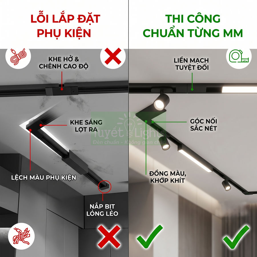 So sánh lắp đặt đèn ray nổi Tuyết Lights lỗi phụ kiện và thi công chuẩn, liền mạch, góc nối sắc nét