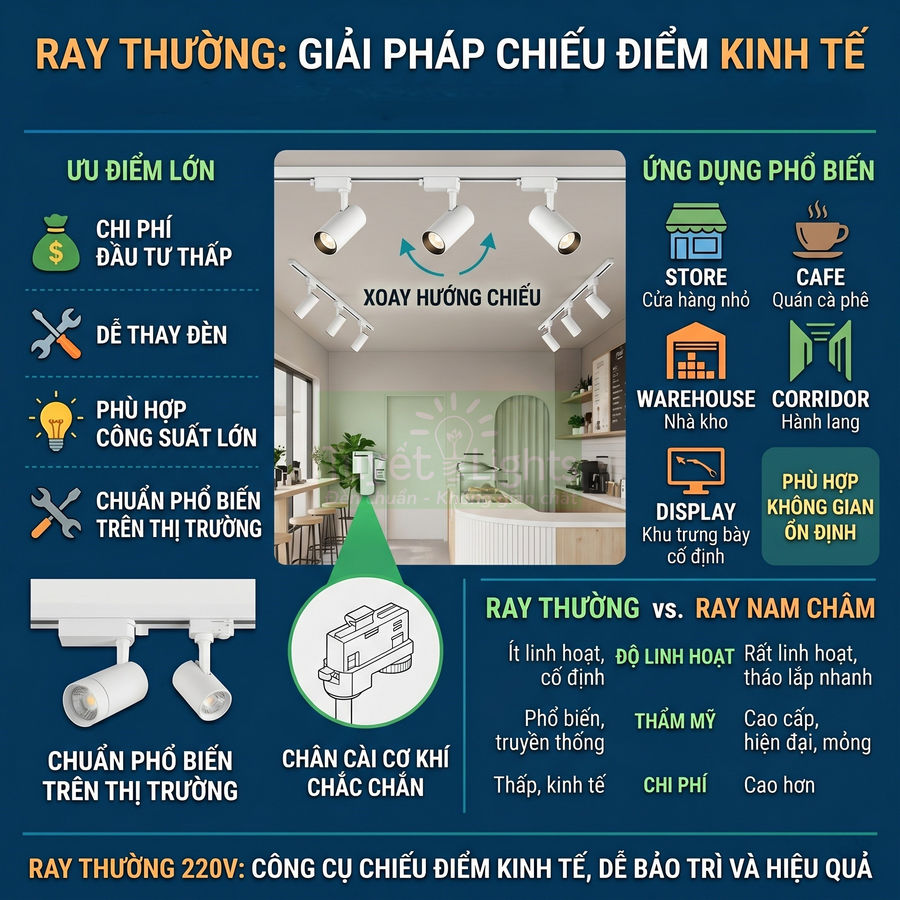 Đèn ray chiếu điểm 220V màu trắng cho cửa hàng, quán cafe, hành lang, nhà kho, dễ thay thế và chi phí thấp
