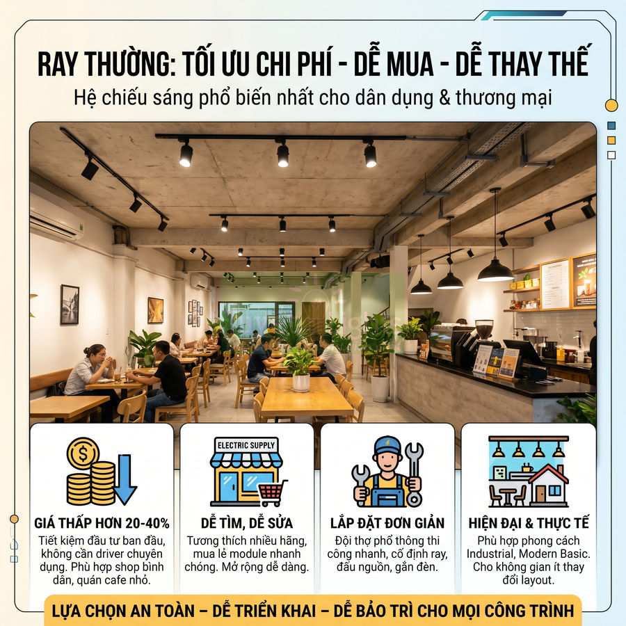 Hệ thống đèn ray chiếu sáng trần cho quán cafe hiện đại, tối ưu chi phí và dễ lắp đặt, phù hợp không gian thương mại