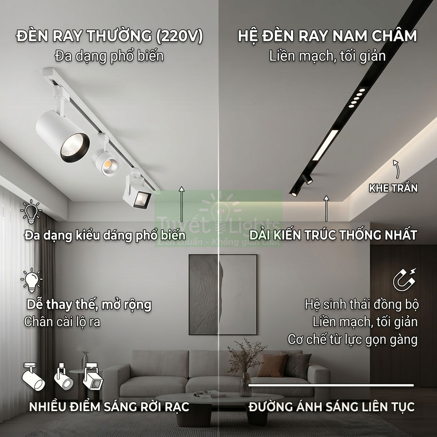 So sánh đèn ray thường 220V và hệ đèn ray nam châm lắp trần trong phòng khách hiện đại