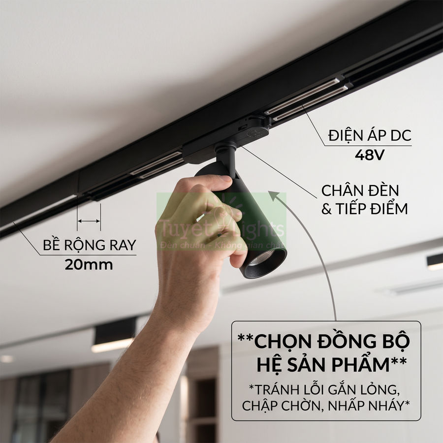 Đèn rọi ray nam châm 48V màu đen lắp trên trần, tay người đang điều chỉnh vị trí chiếu sáng