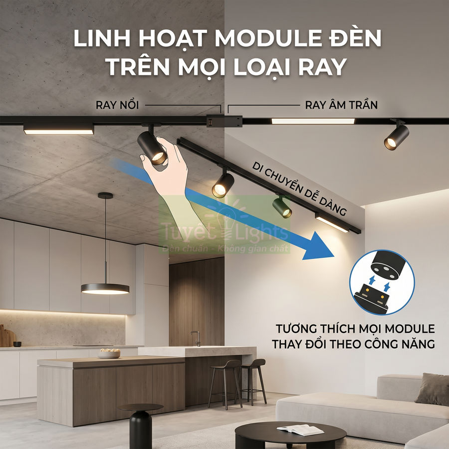 Đèn ray trượt Tuyết Lights lắp trần trong phòng bếp hiện đại, module đèn spotlight dễ dàng di chuyển trên ray