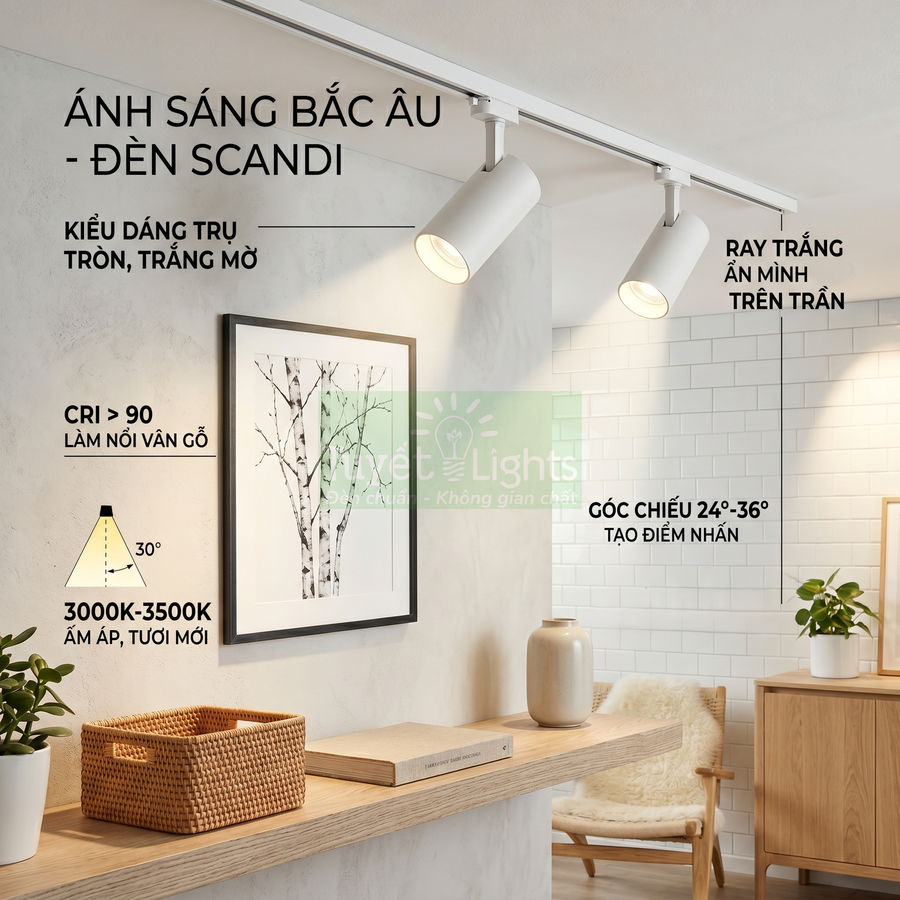 Đèn rọi ray tròn màu trắng phong cách Bắc Âu chiếu sáng tranh treo tường trong phòng khách hiện đại