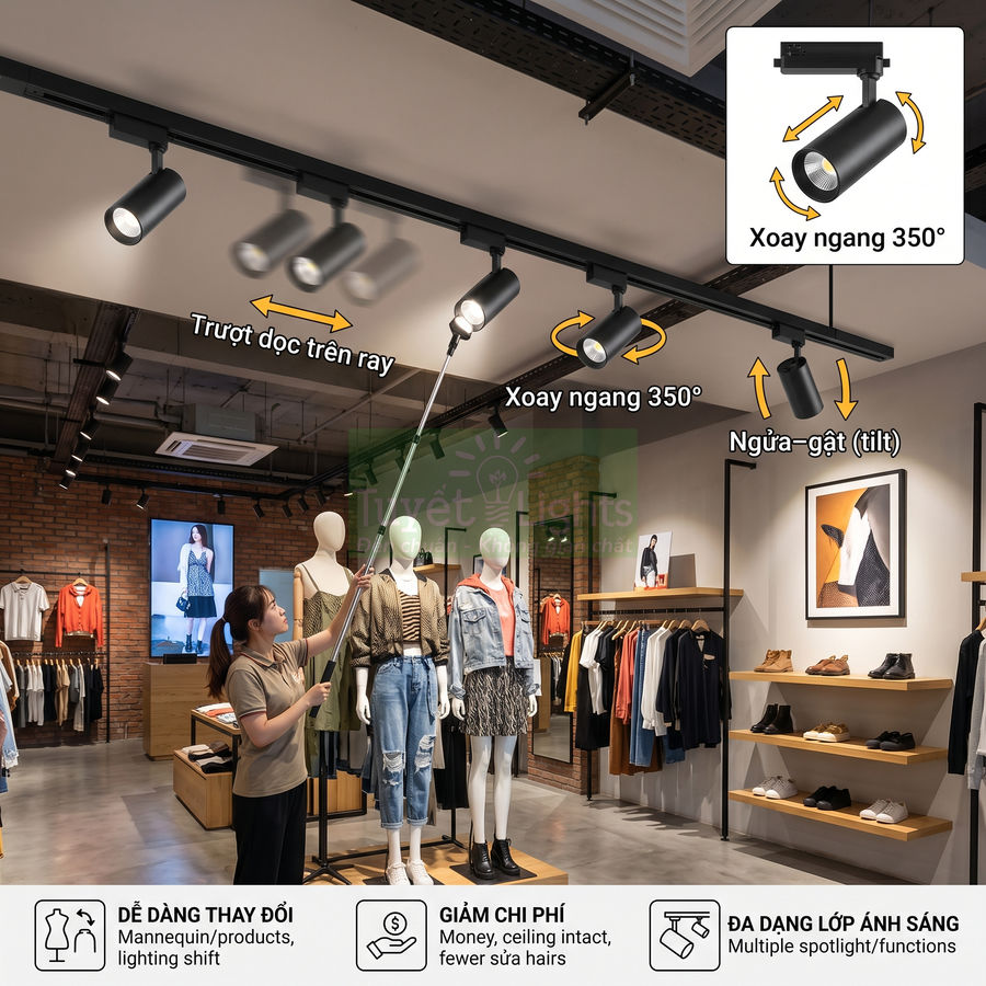 Đèn rọi ray LED xoay 350 độ trong cửa hàng quần áo, nhân viên điều chỉnh hướng chiếu sáng lên ma nơ canh