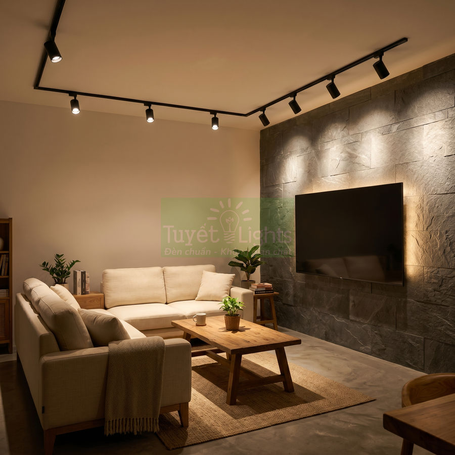 Đèn rọi ray Tuyết Lights chiếu sáng phòng khách hiện đại với sofa kem và tivi treo tường