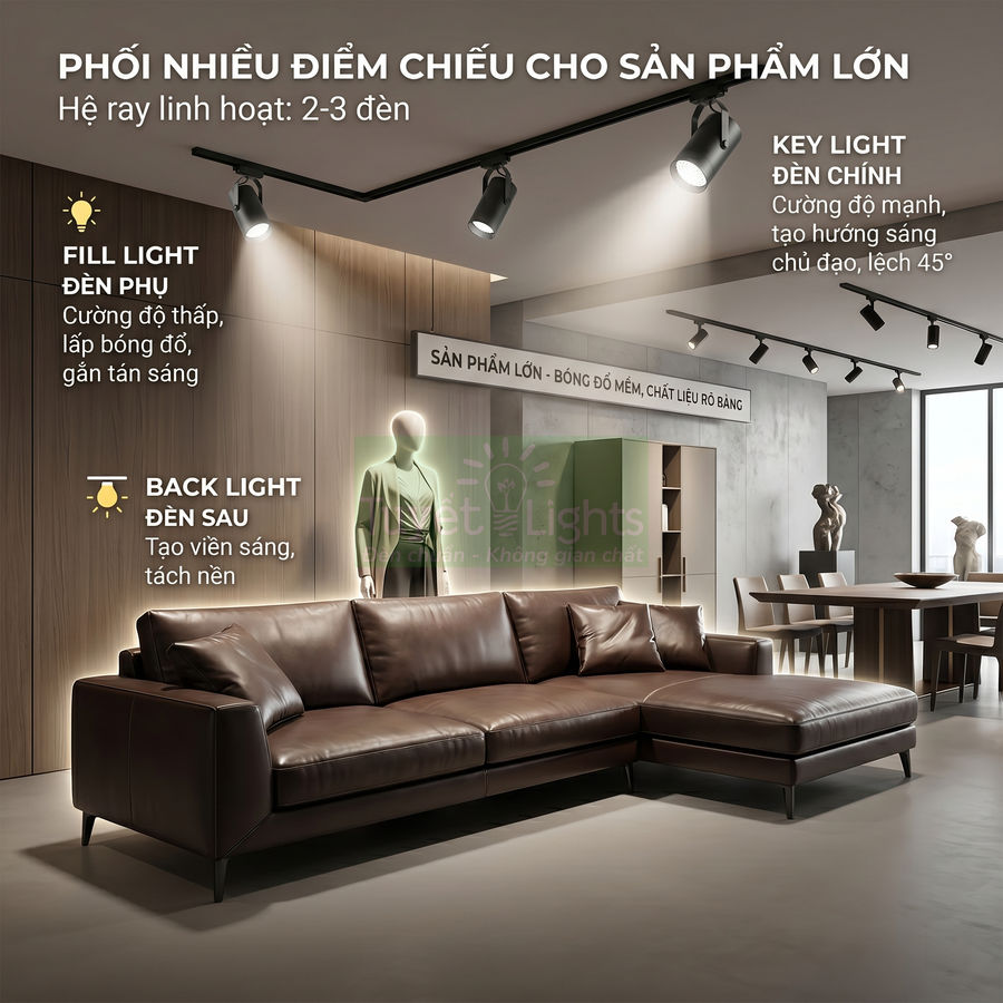 Ghế sofa da góc màu nâu trong showroom nội thất, được chiếu sáng bởi hệ đèn ray spotlight hiện đại