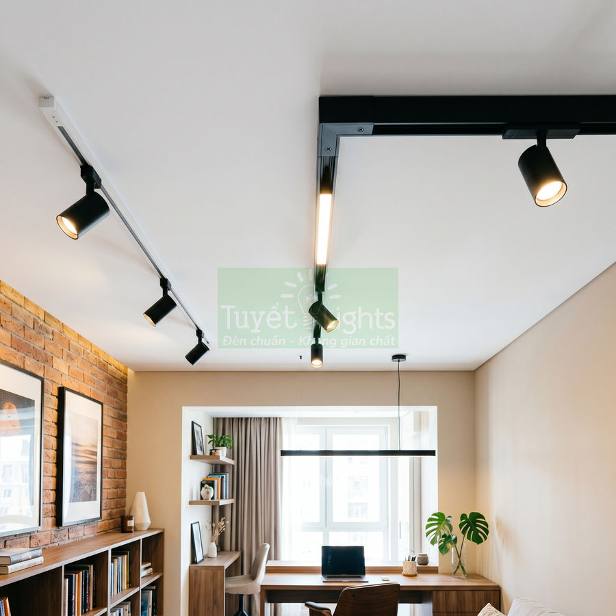Đèn rọi ray trần nhà Tuyết Lights chiếu sáng phòng làm việc hiện đại với bàn gỗ và kệ sách