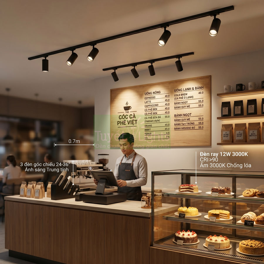 Đèn rọi ray 12W 3000K chiếu sáng quầy barista và tủ bánh trong quán cà phê hiện đại
