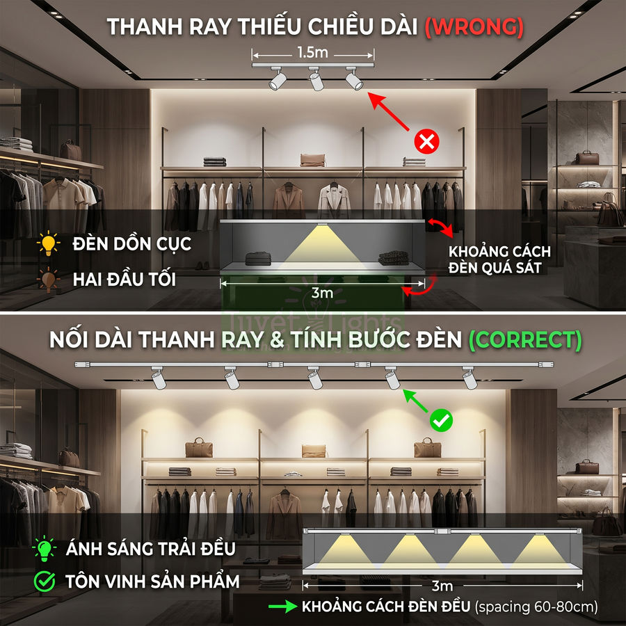 Hướng dẫn lắp đèn rọi ray trong cửa hàng thời trang với ví dụ sai và đúng để ánh sáng chiếu đều lên sản phẩm