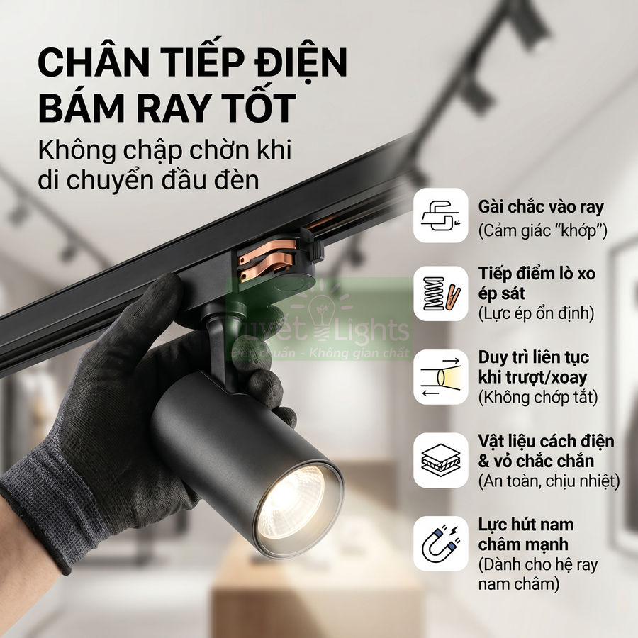 Đèn rọi ray đen chân tiếp điện bám ray tốt, chống chập chờn khi trượt xoay trên thanh ray