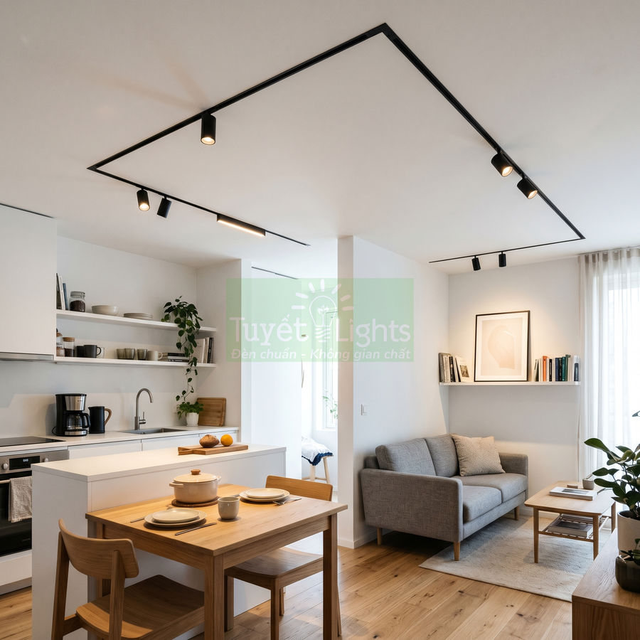 Đèn rọi ray đen Tuyết Lights lắp trần cho phòng khách và bếp phong cách tối giản