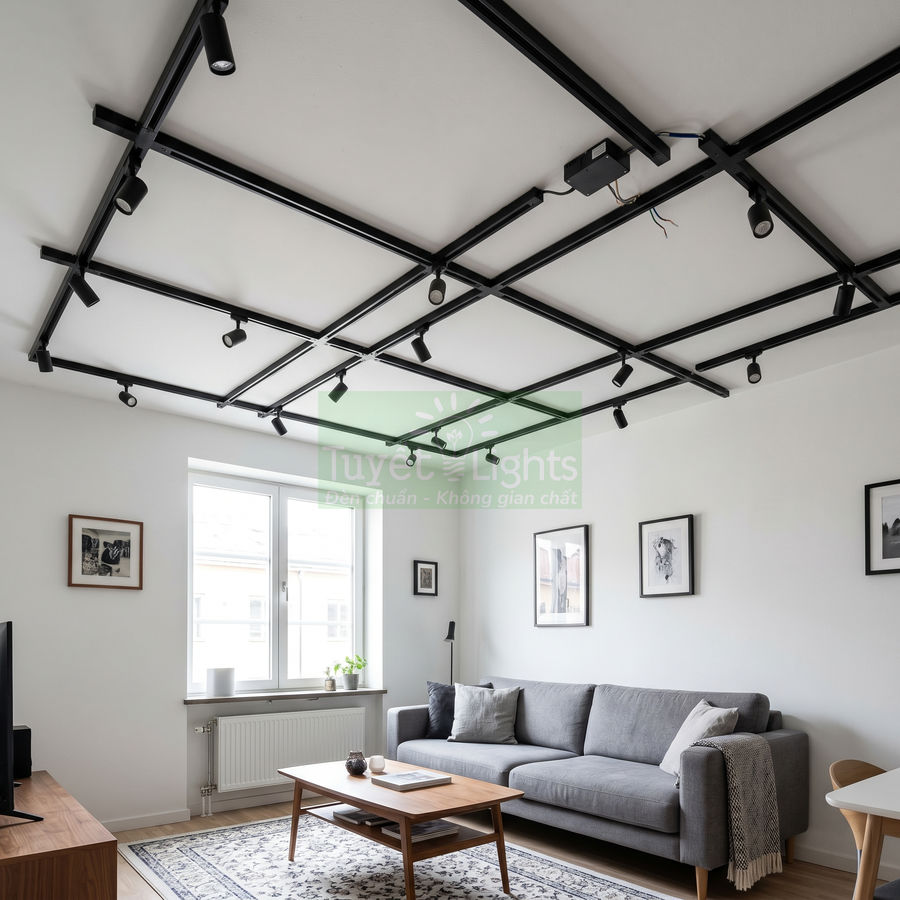 Đèn rọi ray đen lắp trần phòng khách hiện đại với sofa xám và bàn gỗ