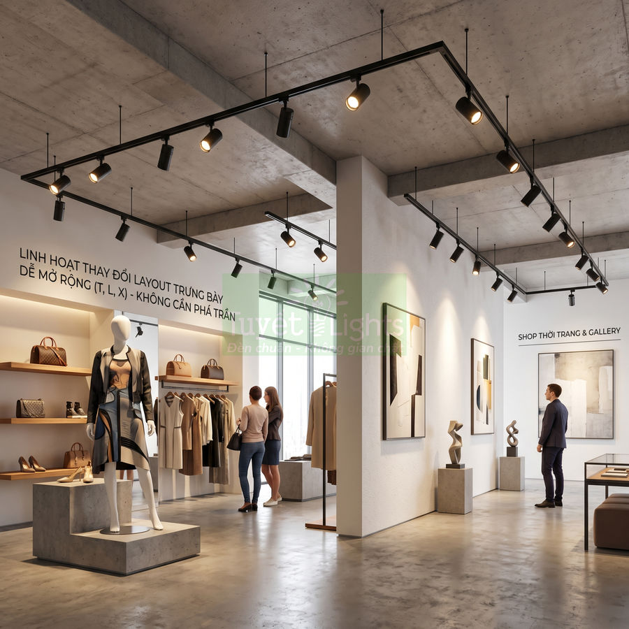 Đèn rọi ray đen chiếu sáng shop thời trang hiện đại với quần áo và túi xách trưng bày