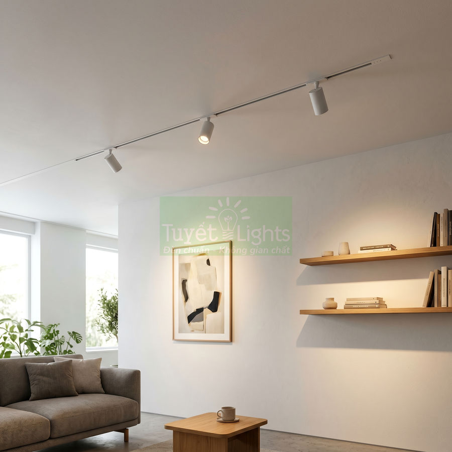 Đèn rọi ray Tuyết Lights màu trắng chiếu sáng phòng khách hiện đại với sofa và kệ gỗ