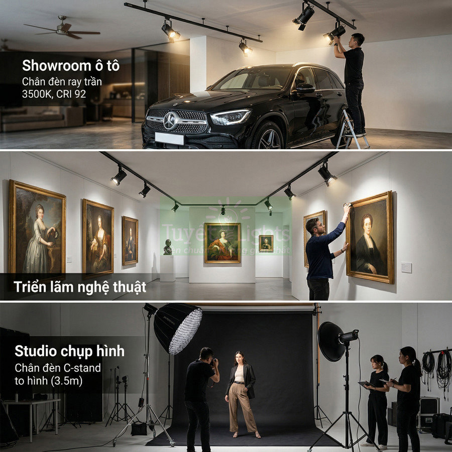 Ứng dụng đèn chiếu rọi ray trần và chân đèn C-stand cho showroom ô tô, triển lãm tranh và studio chụp hình