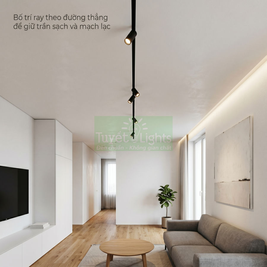 Đèn rọi ray Tuyết Lights màu đen lắp trần phòng khách hiện đại tông trắng sáng