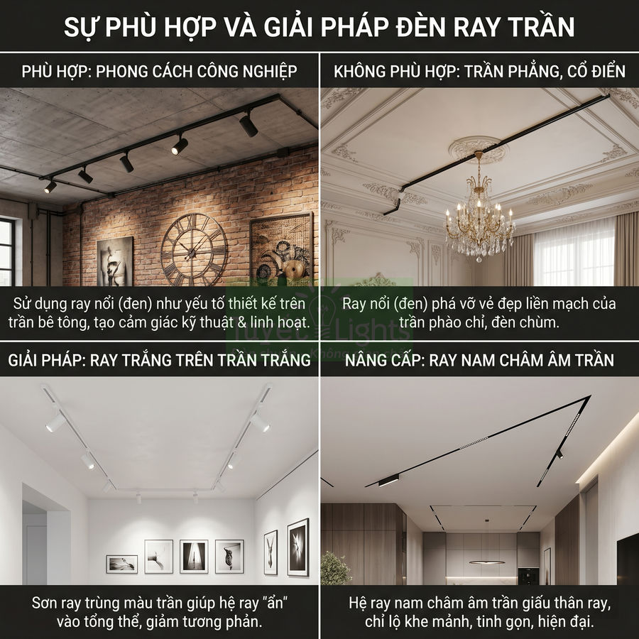 Các mẫu đèn ray trần nổi và âm trần cho phòng khách phong cách công nghiệp và hiện đại