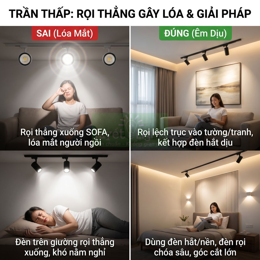 So sánh cách lắp đèn rọi ray trần thấp gây chói mắt và giải pháp chiếu sáng êm dịu cho phòng khách, phòng ngủ
