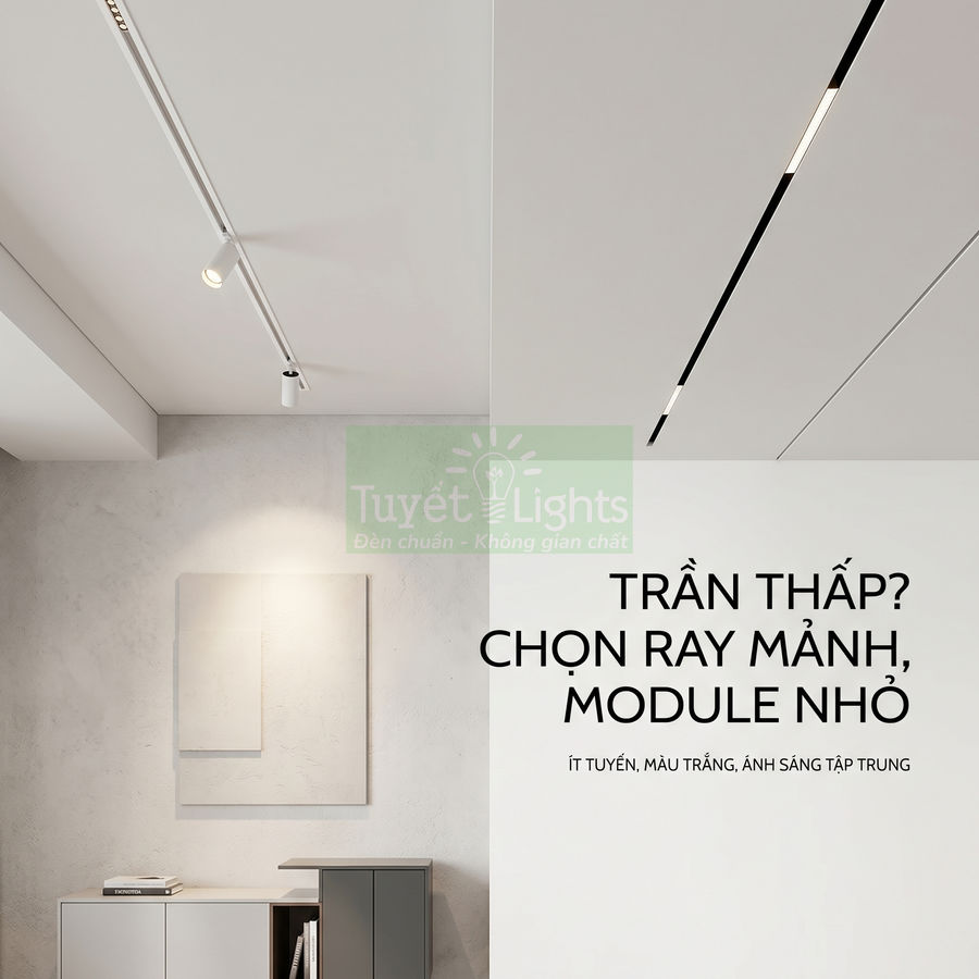 Đèn ray nổi Tuyết Lights màu trắng cho trần thấp, thiết kế mảnh với module nhỏ ánh sáng tập trung