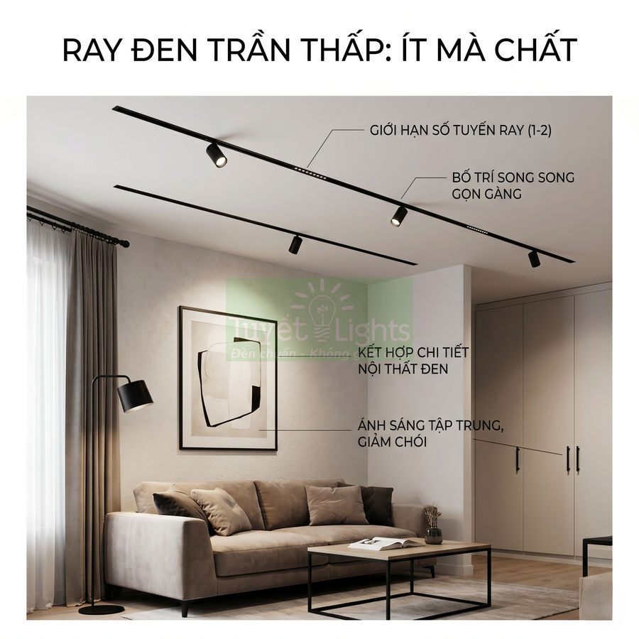 Đèn ray đen trần thấp chiếu sáng phòng khách hiện đại với sofa và nội thất tối giản