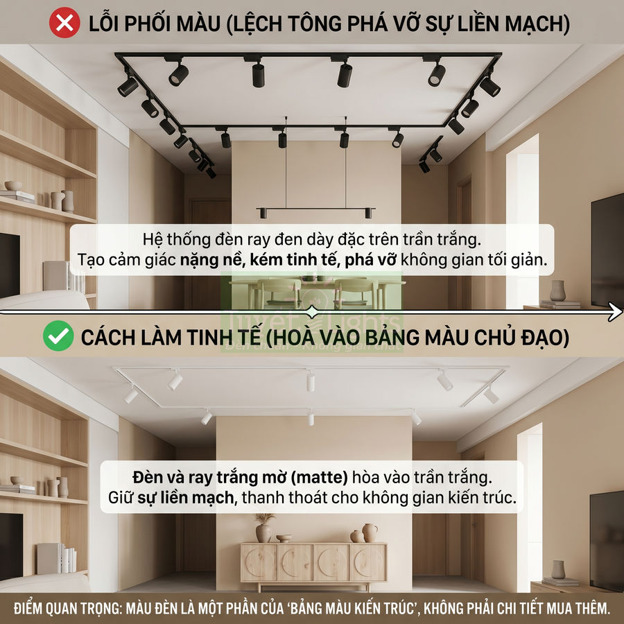 So sánh hệ thống đèn ray trần đen và đèn ray trần trắng matte trong phòng khách tối giản
