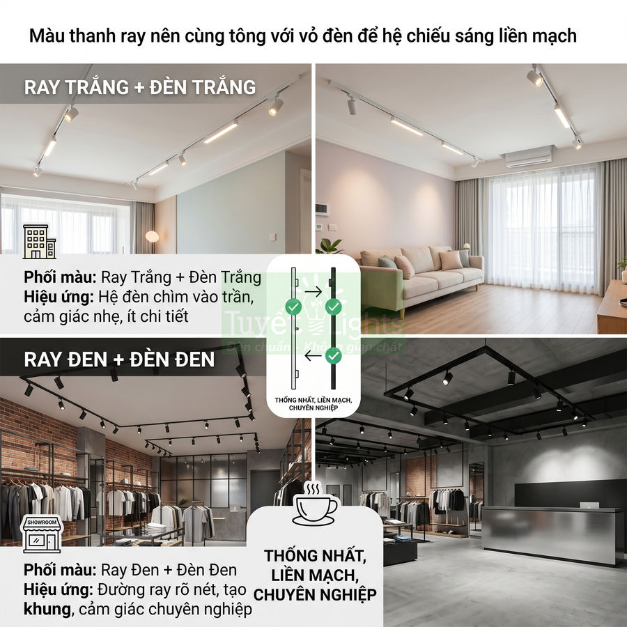 Hệ thống đèn ray trắng và đen lắp trần cho phòng khách và showroom thời trang, tạo ánh sáng liên mạch chuyên nghiệp