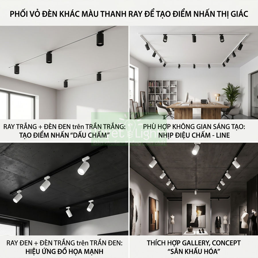 Đèn rọi ray đen trắng lắp trần cho phòng làm việc và gallery, tạo điểm nhấn chiếu sáng hiện đại